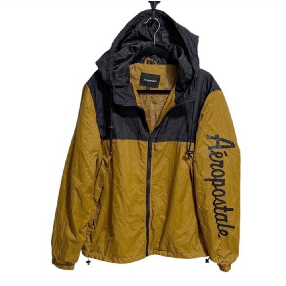 Aeropostale Men's Black/Brown Hooded Windbreaker Sz L